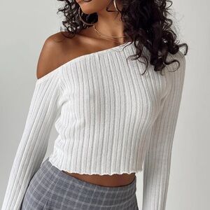 Princess Polly Off-Shoulder Cream Ribbed Sweater